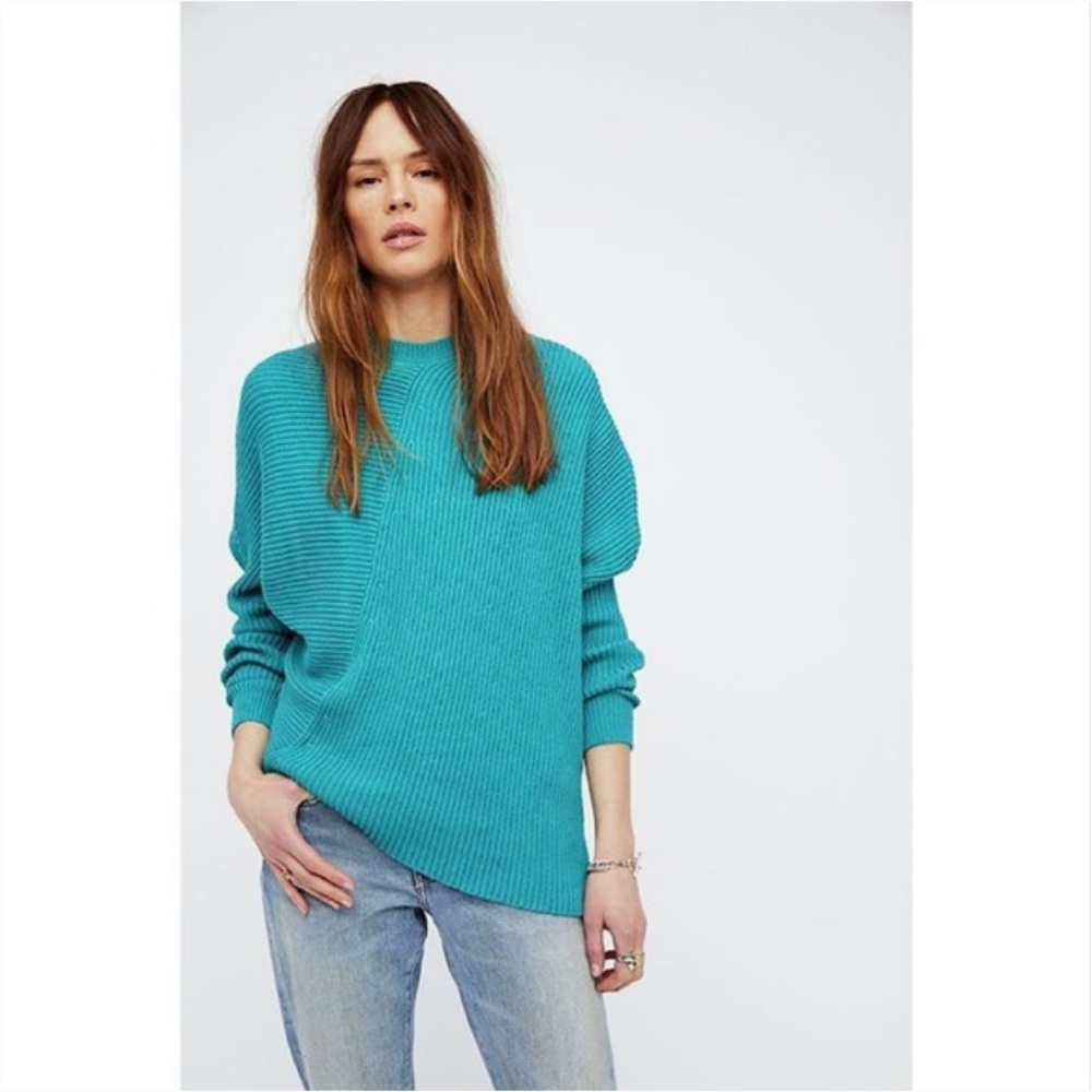 Free People Downtown Teal Dolman Oversized Asymmetrical Knitted Sweater L